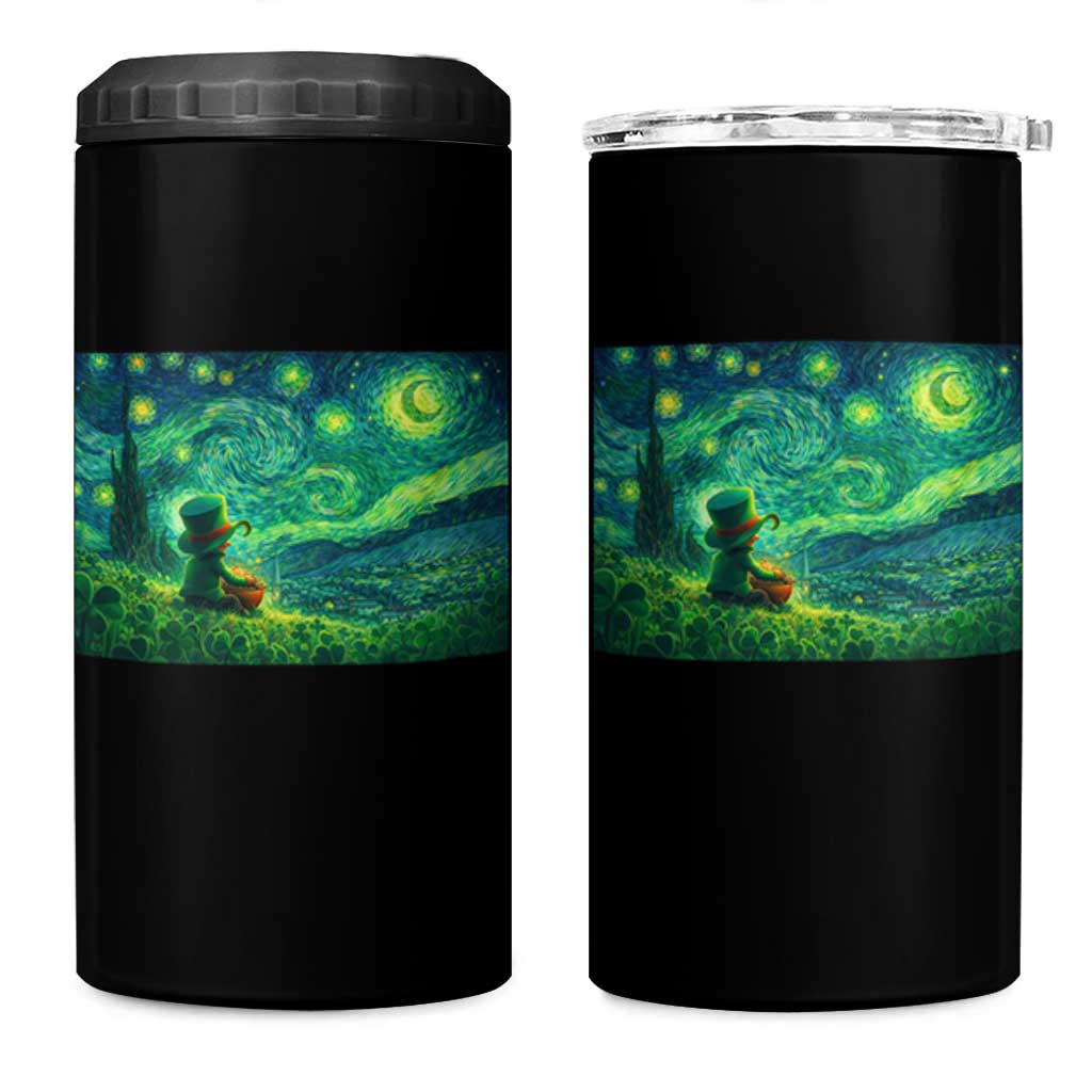 St Patricks Day Starry Night Leprechaun Shamrock Van Gogh 4 in 1 Can Cooler Tumbler