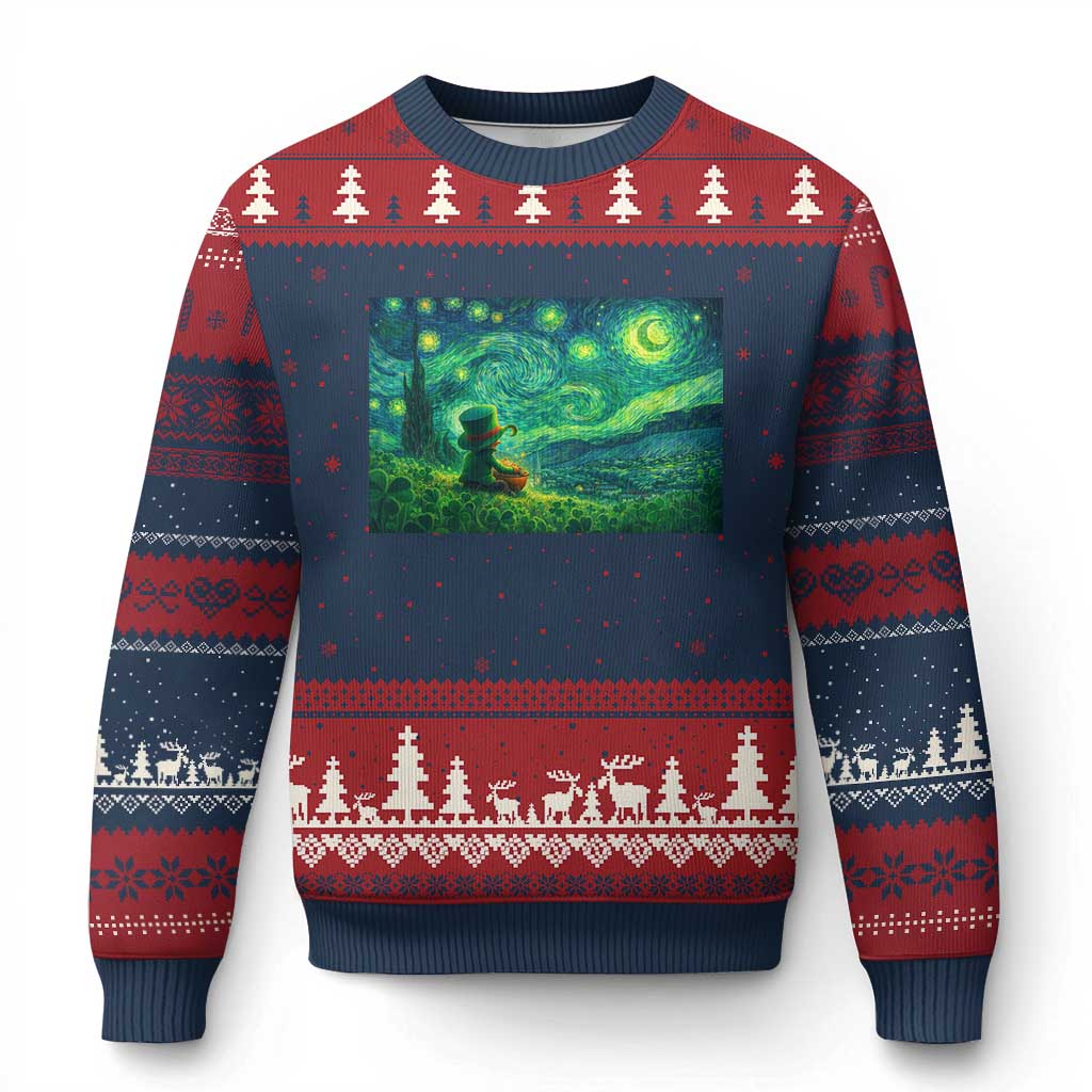 St Patricks Day Starry Night Leprechaun Shamrock Van Gogh Ugly Christmas Sweater