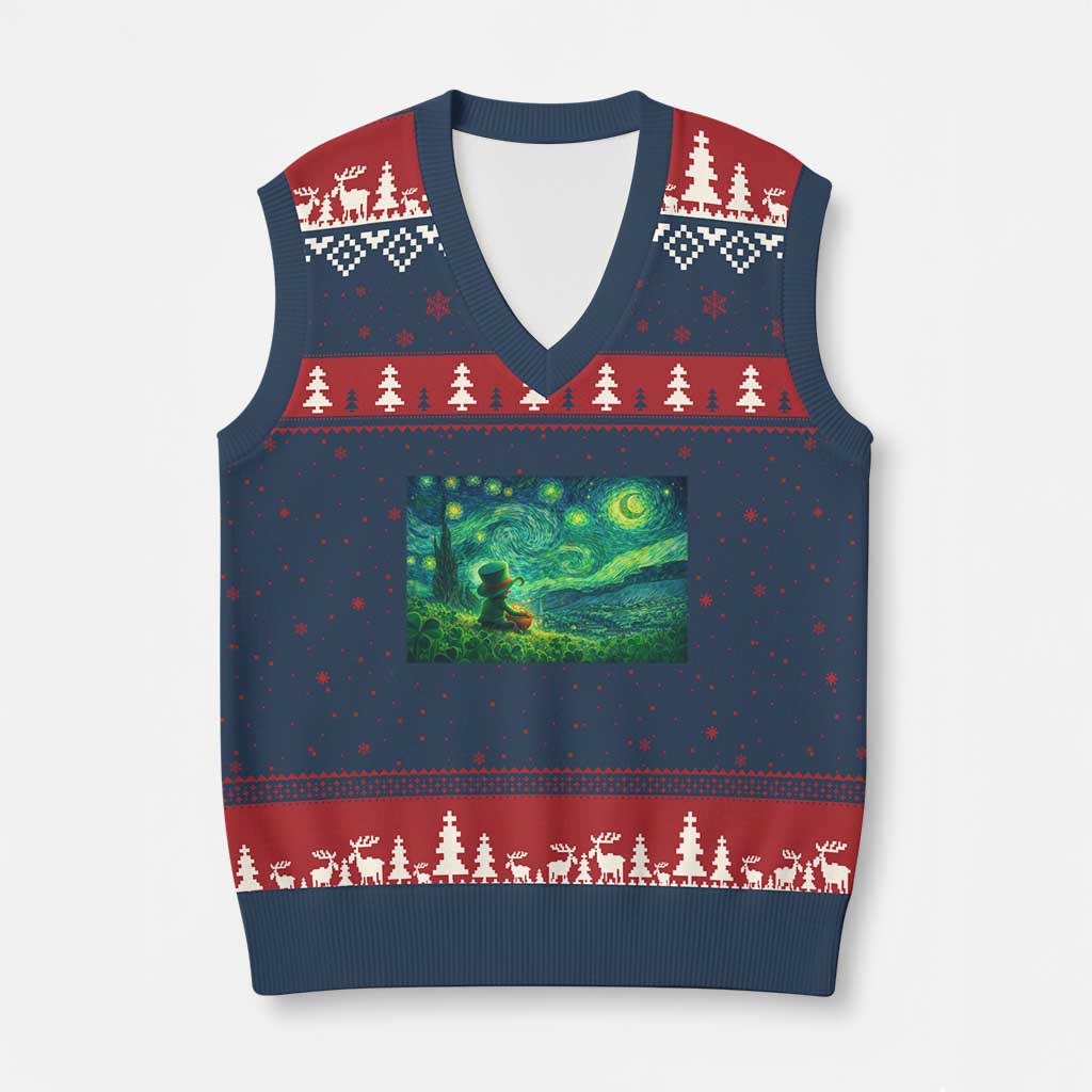 St Patricks Day Starry Night Leprechaun Shamrock Van Gogh V-Neck Knit Sweater Vest