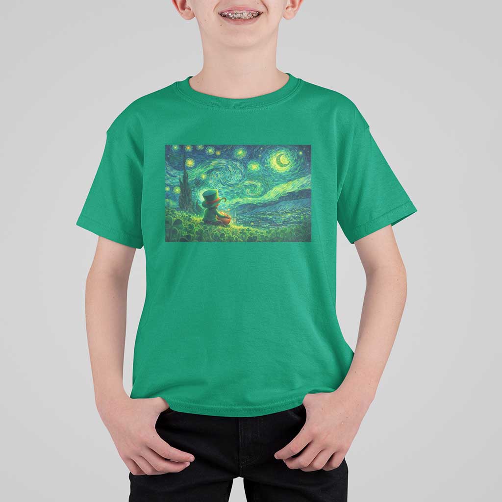 St Patricks Day Starry Night Leprechaun Shamrock Van Gogh T Shirt For Kid