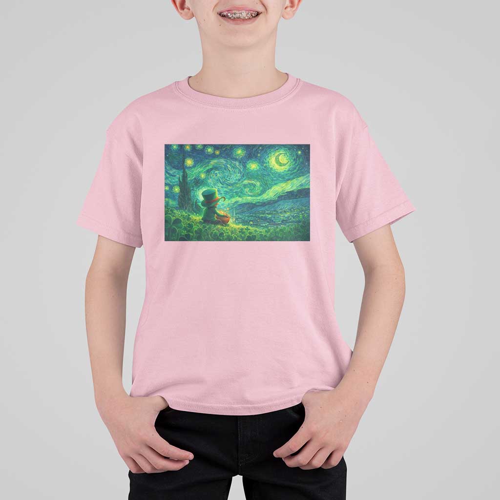 St Patricks Day Starry Night Leprechaun Shamrock Van Gogh T Shirt For Kid
