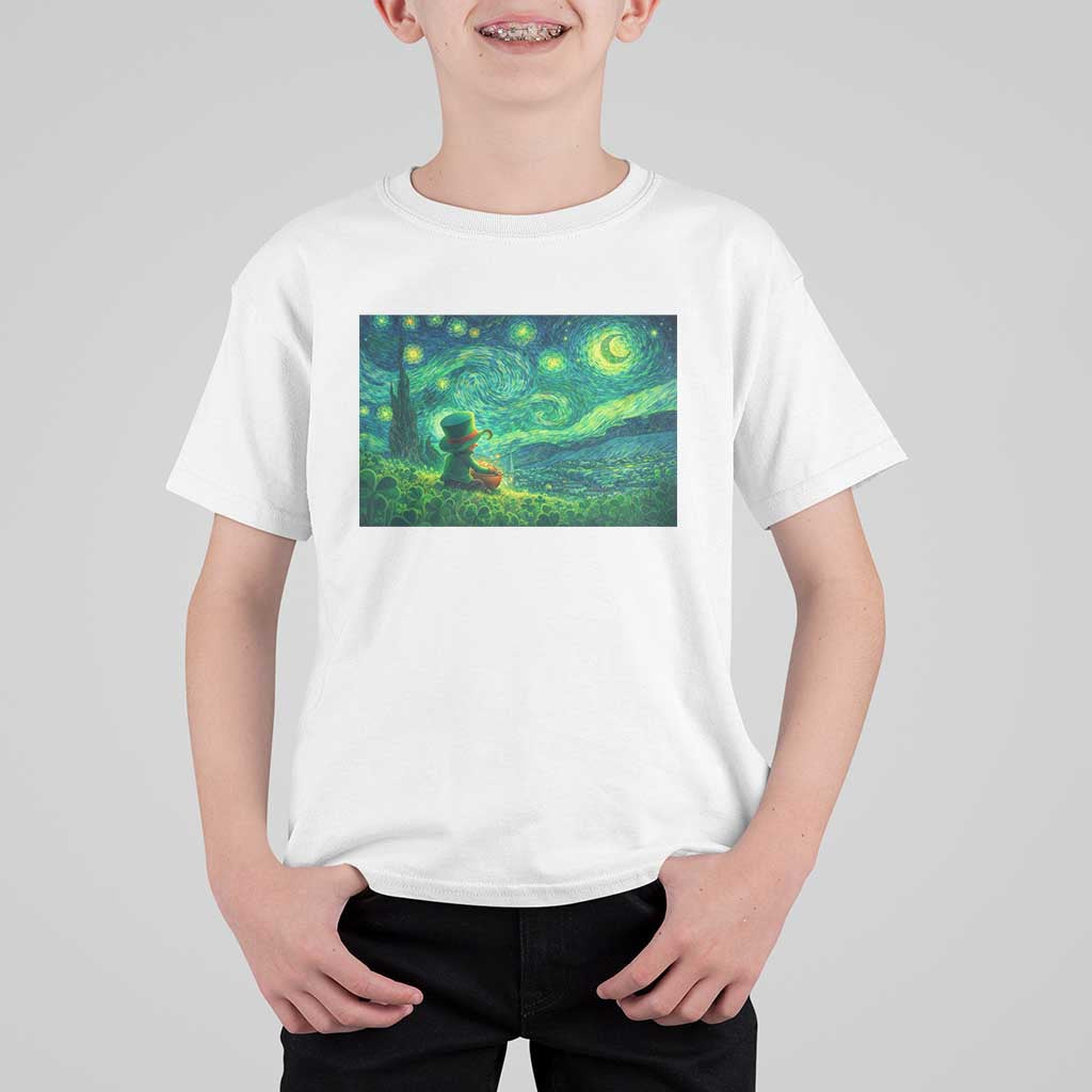St Patricks Day Starry Night Leprechaun Shamrock Van Gogh T Shirt For Kid