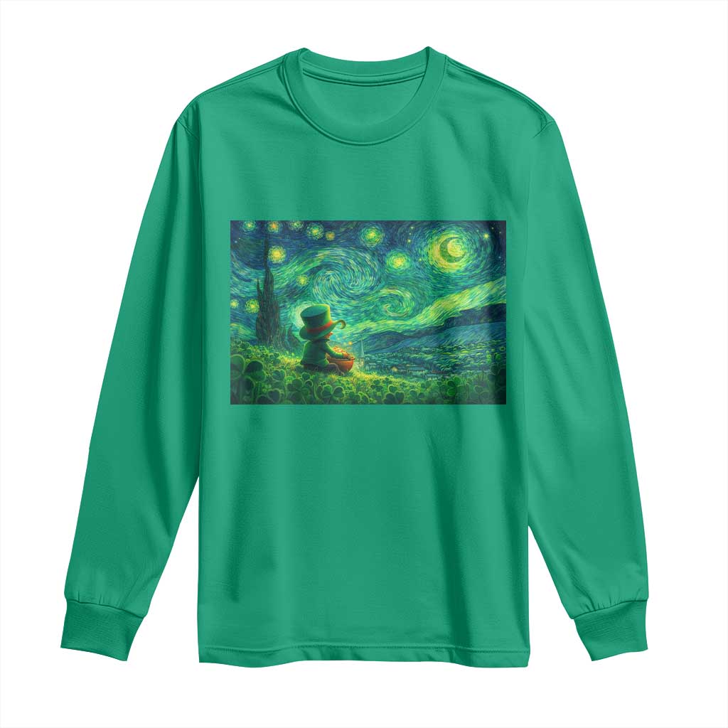 St Patricks Day Starry Night Leprechaun Shamrock Van Gogh Long Sleeve Shirt
