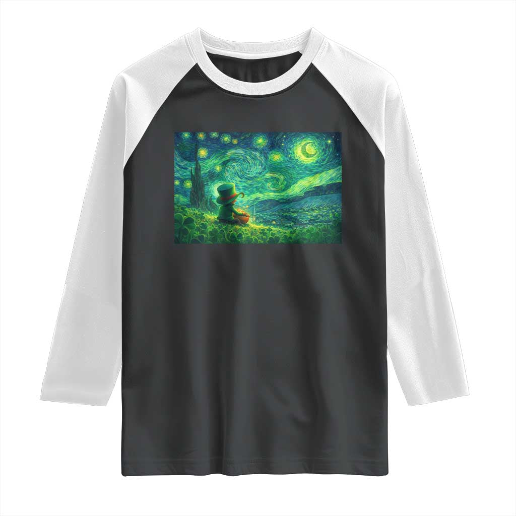 St Patricks Day Starry Night Leprechaun Shamrock Van Gogh Raglan Shirt