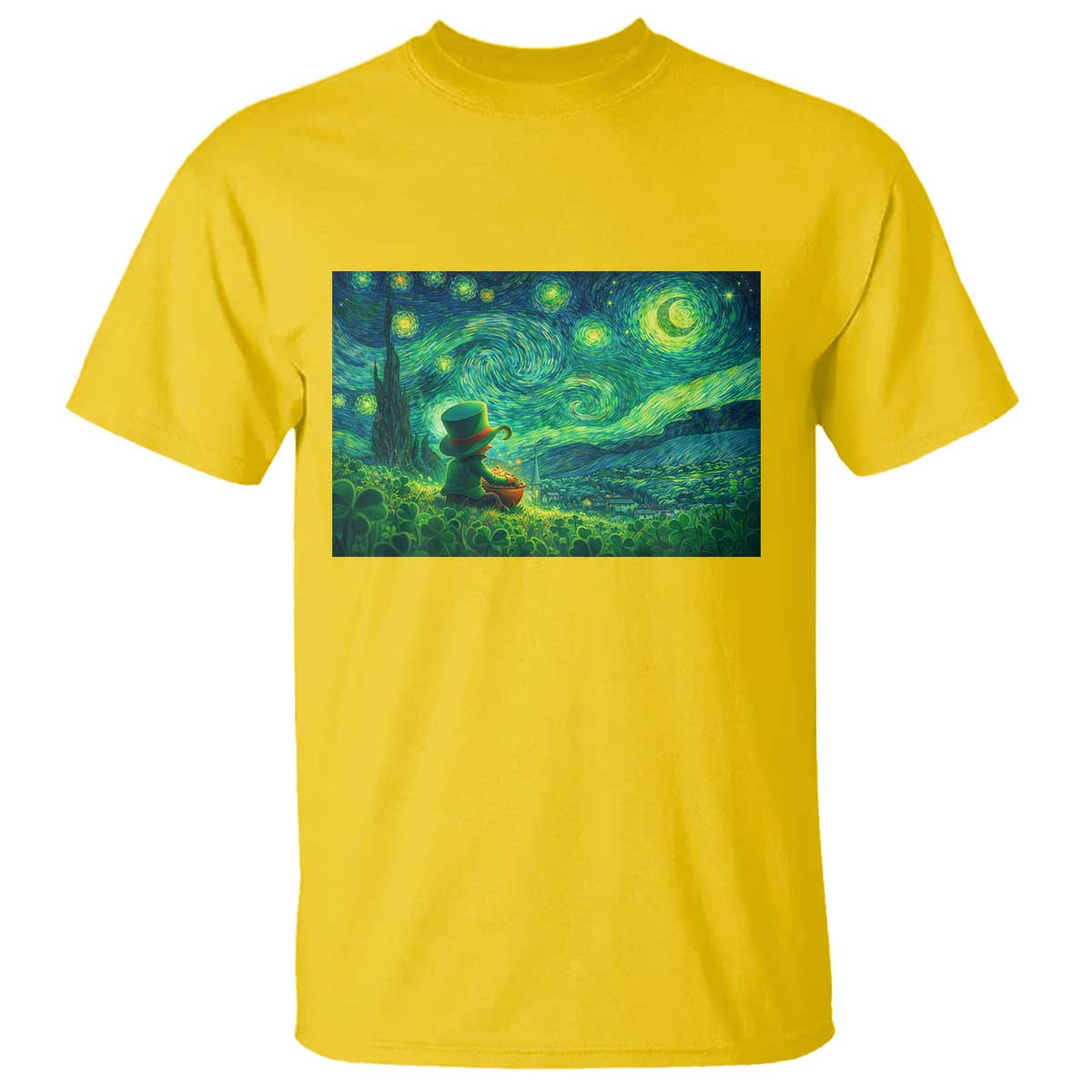 St Patricks Day Starry Night Leprechaun Shamrock Van Gogh T Shirt