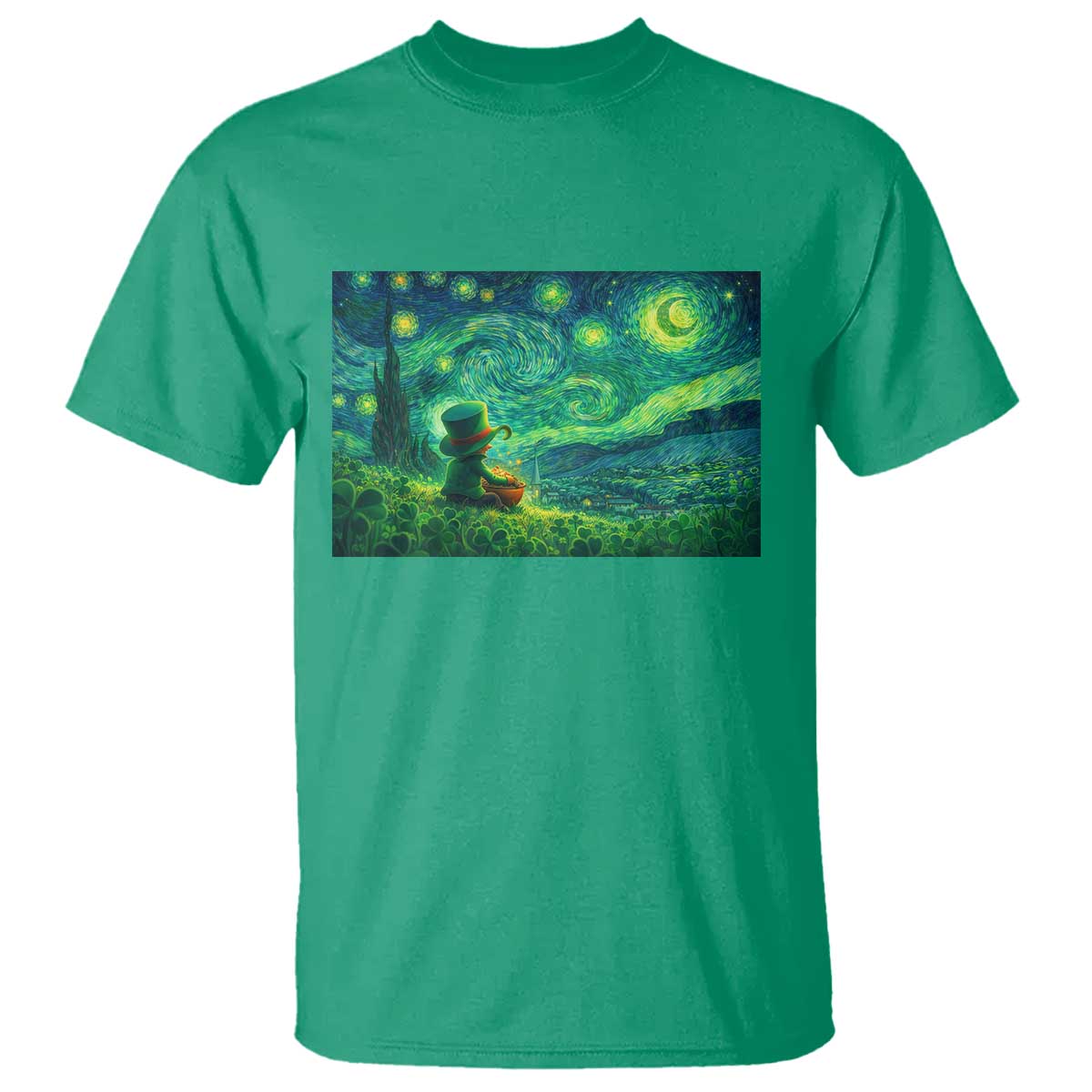 St Patricks Day Starry Night Leprechaun Shamrock Van Gogh T Shirt