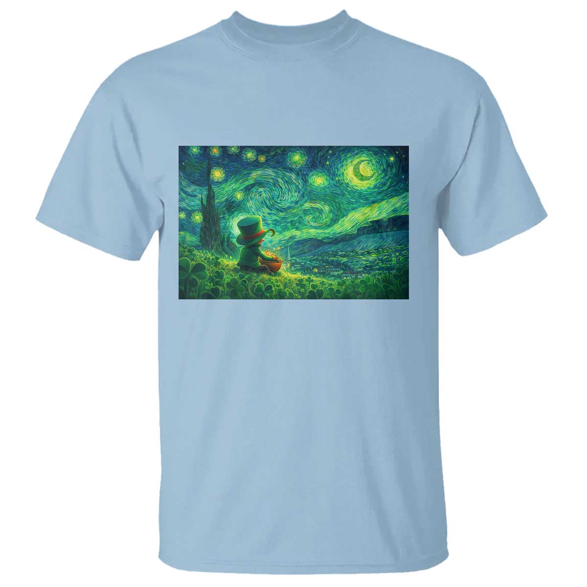 St Patricks Day Starry Night Leprechaun Shamrock Van Gogh T Shirt