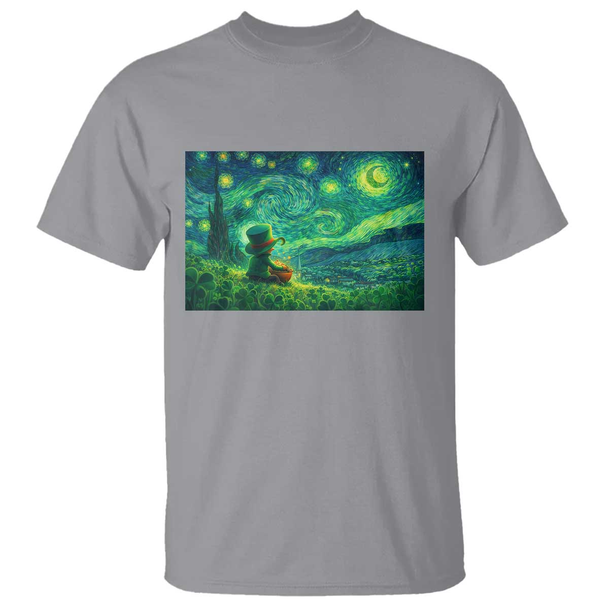St Patricks Day Starry Night Leprechaun Shamrock Van Gogh T Shirt