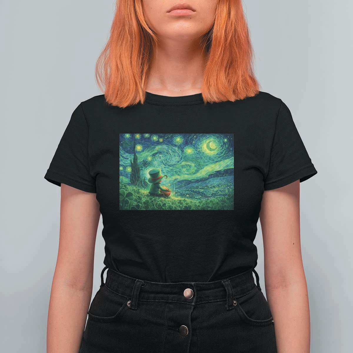 St Patricks Day Starry Night Leprechaun Shamrock Van Gogh T Shirt For Women