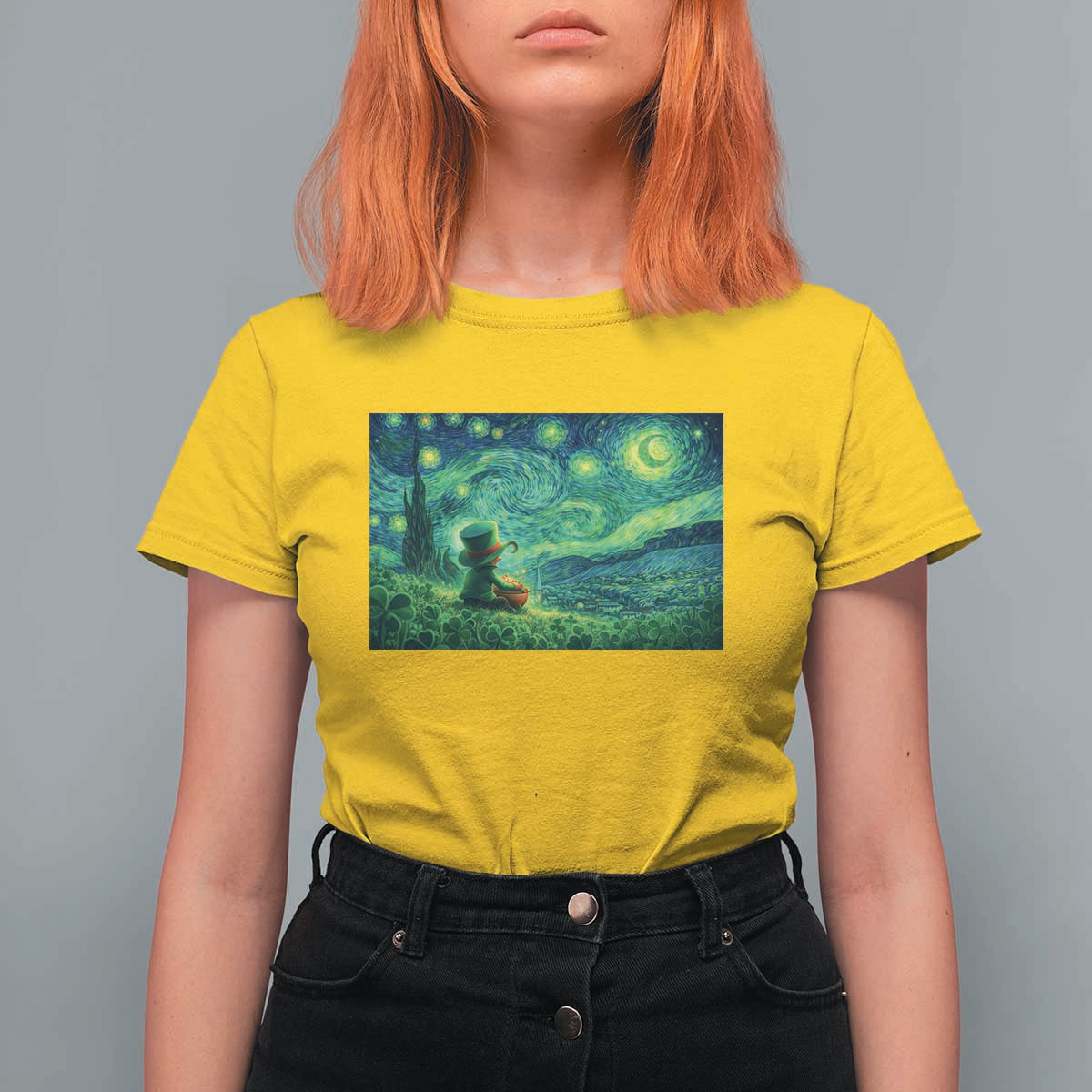 St Patricks Day Starry Night Leprechaun Shamrock Van Gogh T Shirt For Women