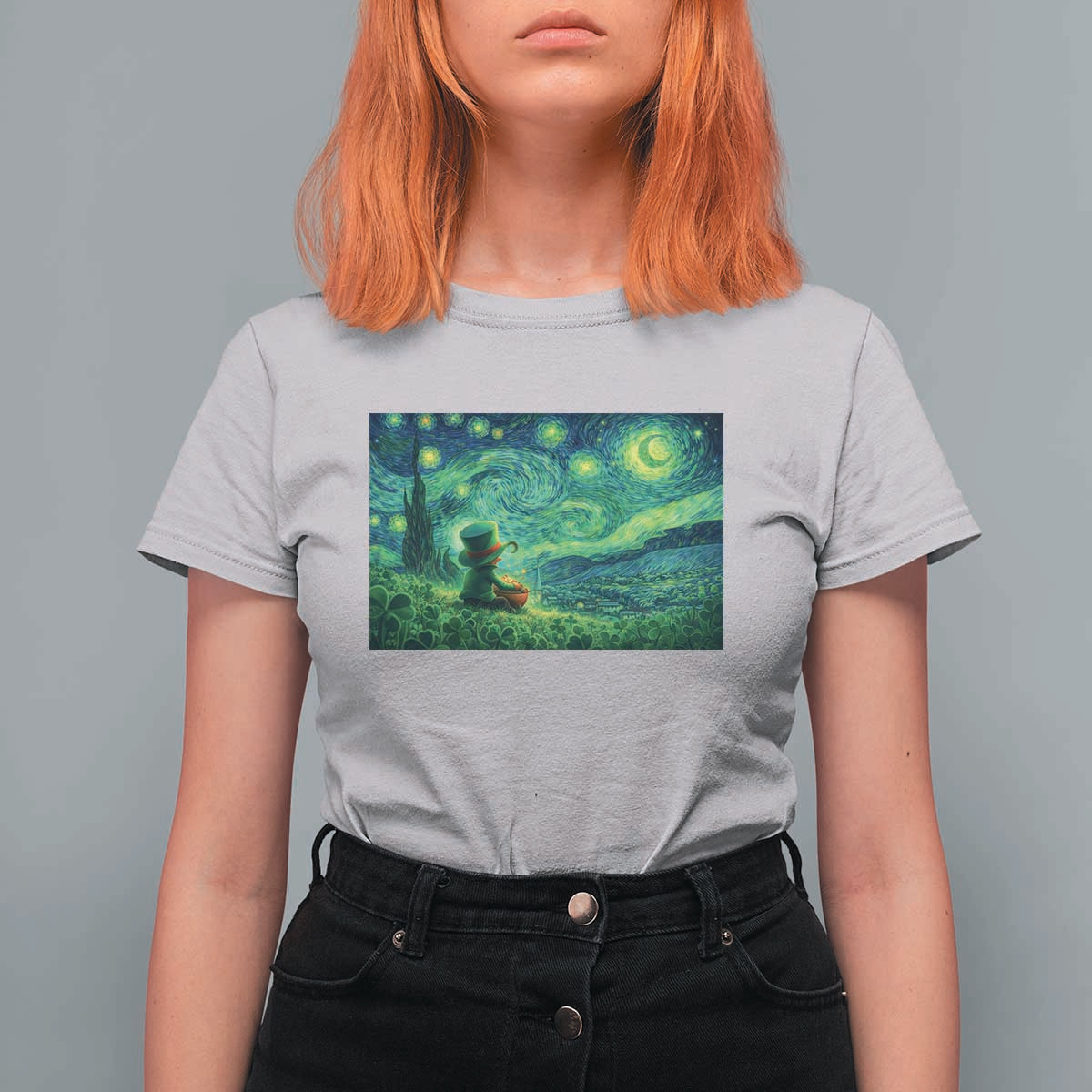 St Patricks Day Starry Night Leprechaun Shamrock Van Gogh T Shirt For Women
