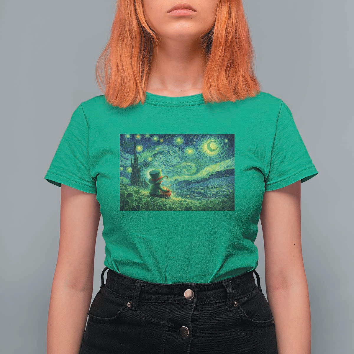 St Patricks Day Starry Night Leprechaun Shamrock Van Gogh T Shirt For Women