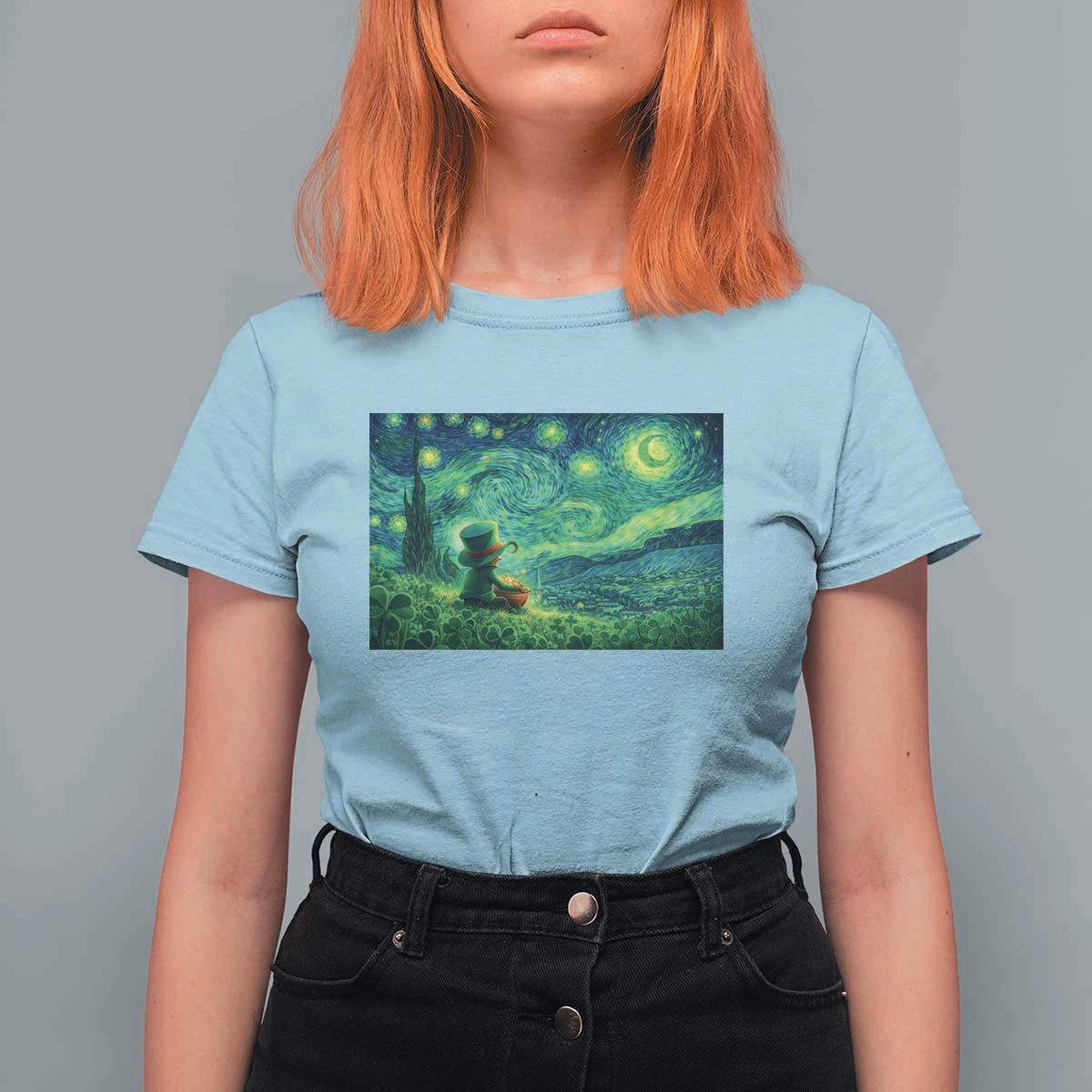 St Patricks Day Starry Night Leprechaun Shamrock Van Gogh T Shirt For Women