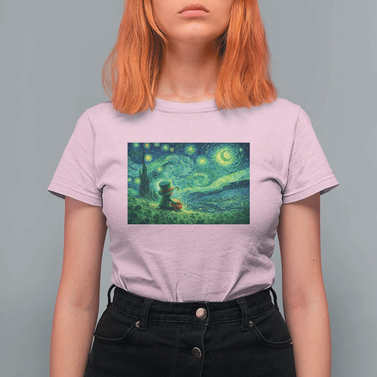 St Patricks Day Starry Night Leprechaun Shamrock Van Gogh T Shirt For Women