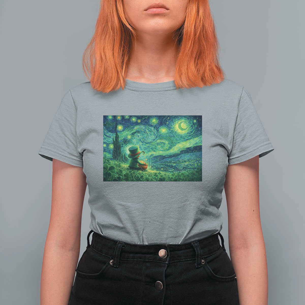St Patricks Day Starry Night Leprechaun Shamrock Van Gogh T Shirt For Women