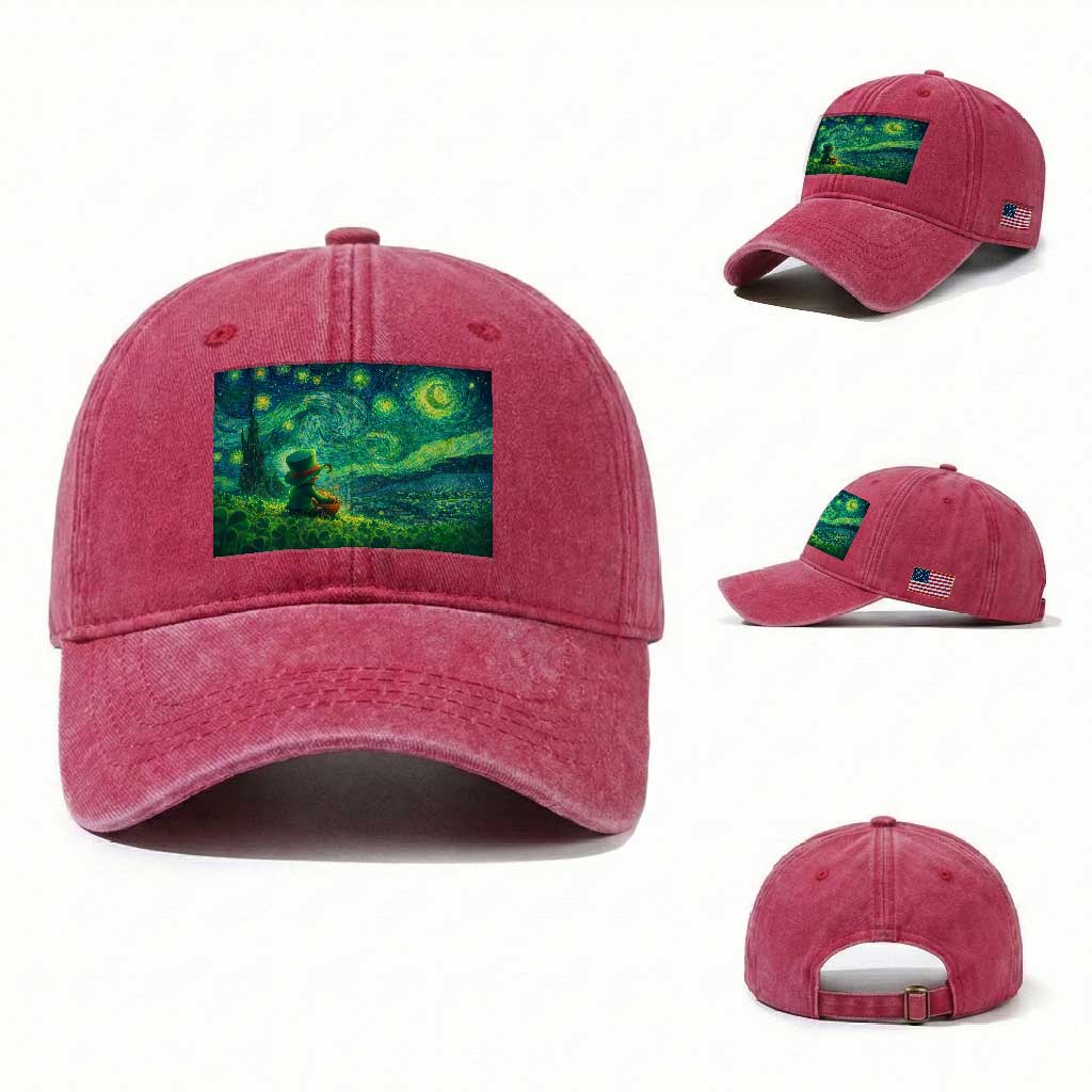 St Patricks Day Starry Night Leprechaun Shamrock Van Gogh Washed Cotton Baseball Cap