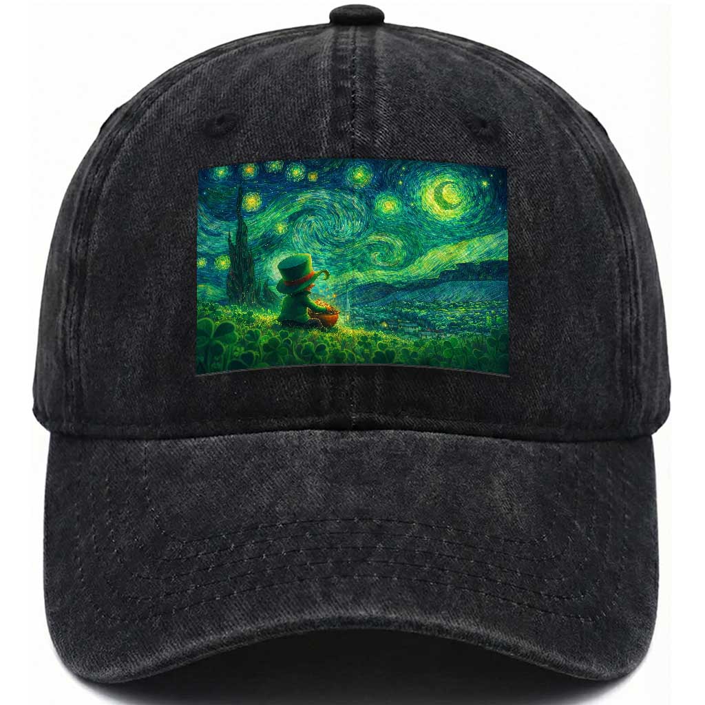 St Patricks Day Starry Night Leprechaun Shamrock Van Gogh Washed Cotton Baseball Cap