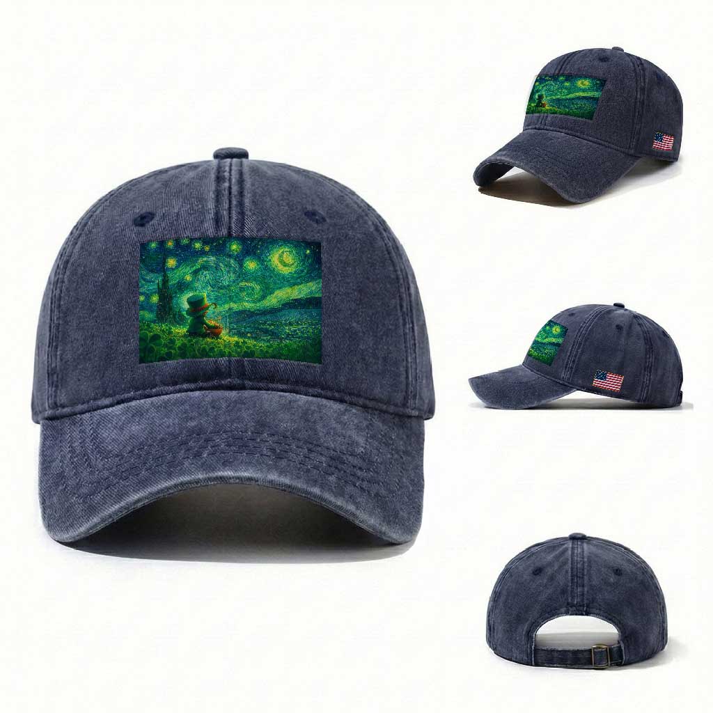 St Patricks Day Starry Night Leprechaun Shamrock Van Gogh Washed Cotton Baseball Cap