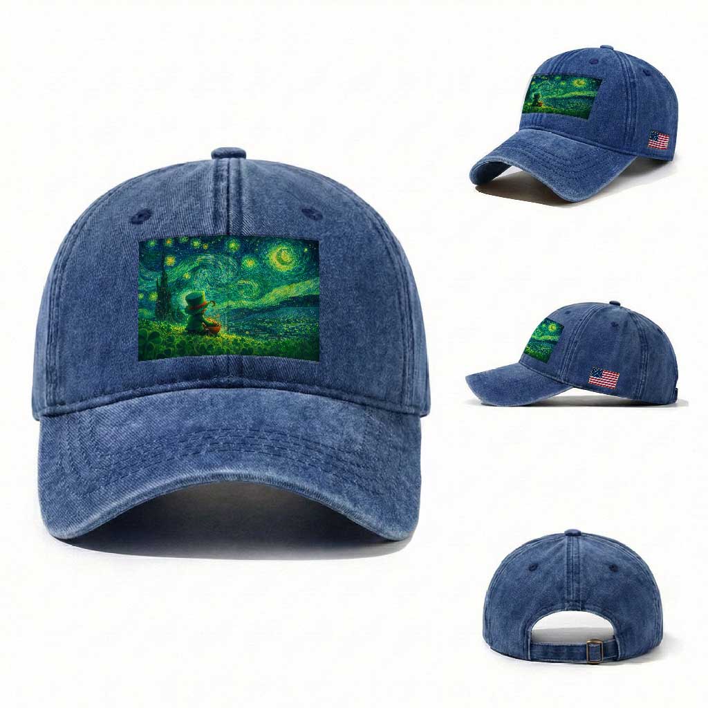 St Patricks Day Starry Night Leprechaun Shamrock Van Gogh Washed Cotton Baseball Cap