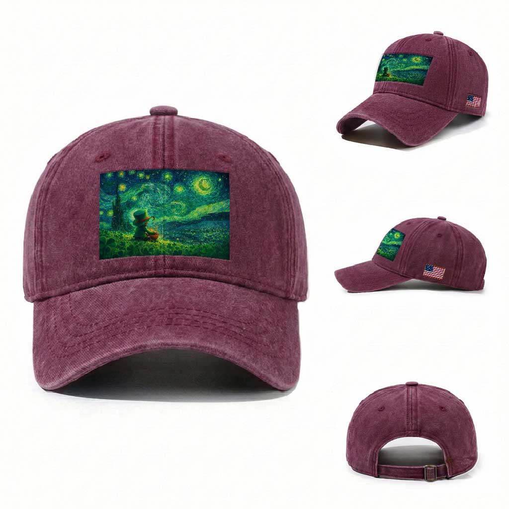 St Patricks Day Starry Night Leprechaun Shamrock Van Gogh Washed Cotton Baseball Cap