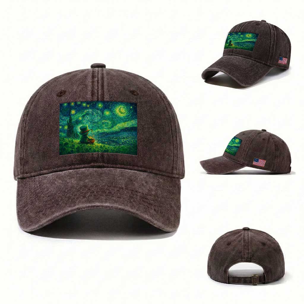 St Patricks Day Starry Night Leprechaun Shamrock Van Gogh Washed Cotton Baseball Cap