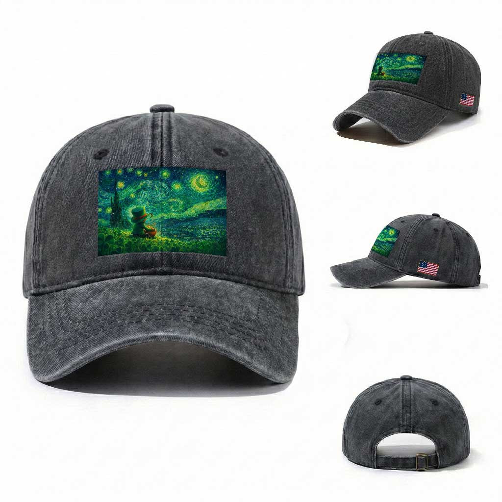 St Patricks Day Starry Night Leprechaun Shamrock Van Gogh Washed Cotton Baseball Cap