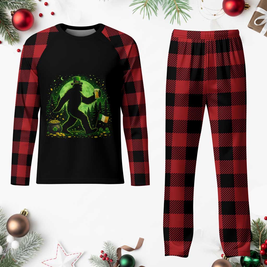 Funny Bigfoot St Patricks Day Plaid Pajama Set Sasquatch Drinking Green Beer Lover