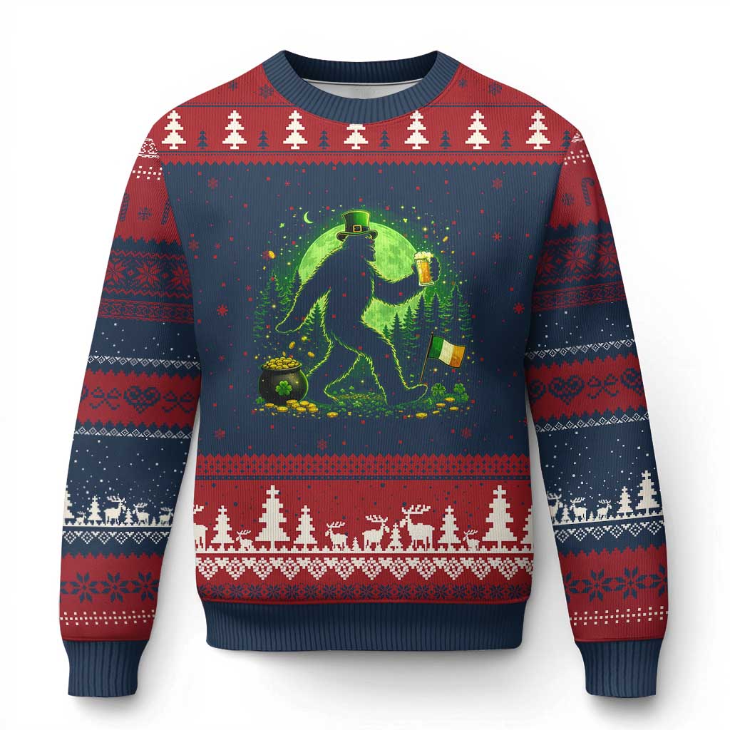Funny Bigfoot St Patricks Day Ugly Christmas Sweater Sasquatch Drinking Green Beer Lover