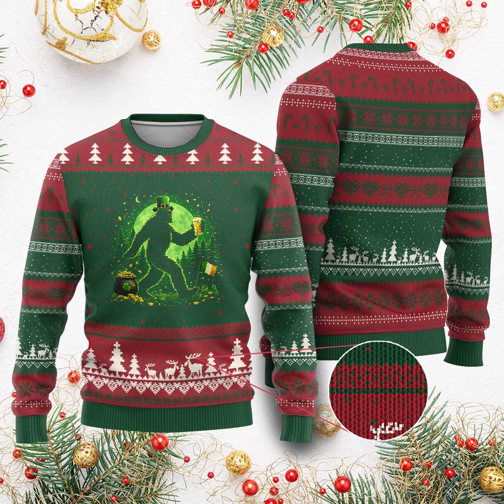 Funny Bigfoot St Patricks Day Ugly Christmas Sweater Sasquatch Drinking Green Beer Lover