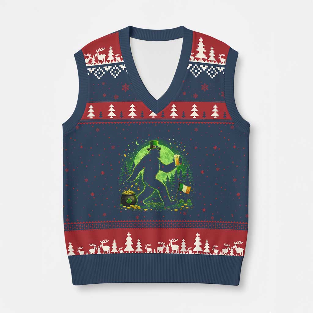 Funny Bigfoot St Patricks Day V-Neck Knit Sweater Vest Sasquatch Drinking Green Beer Lover