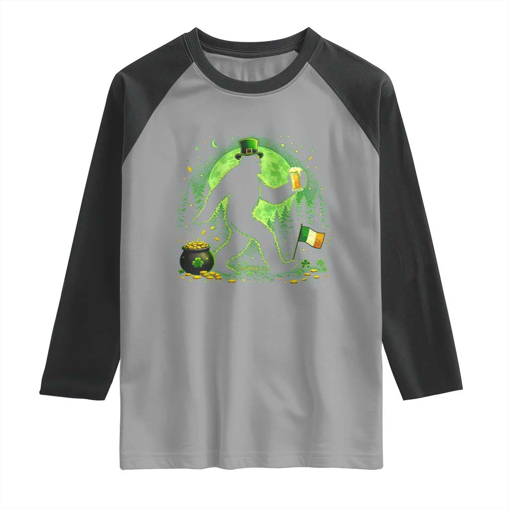 Funny Bigfoot St Patricks Day Raglan Shirt Sasquatch Drinking Green Beer Lover