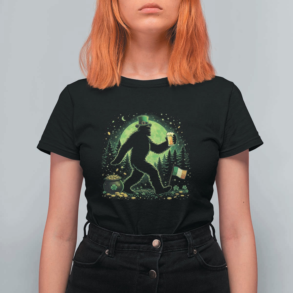 Funny Bigfoot St Patricks Day T Shirt For Women Sasquatch Drinking Green Beer Lover