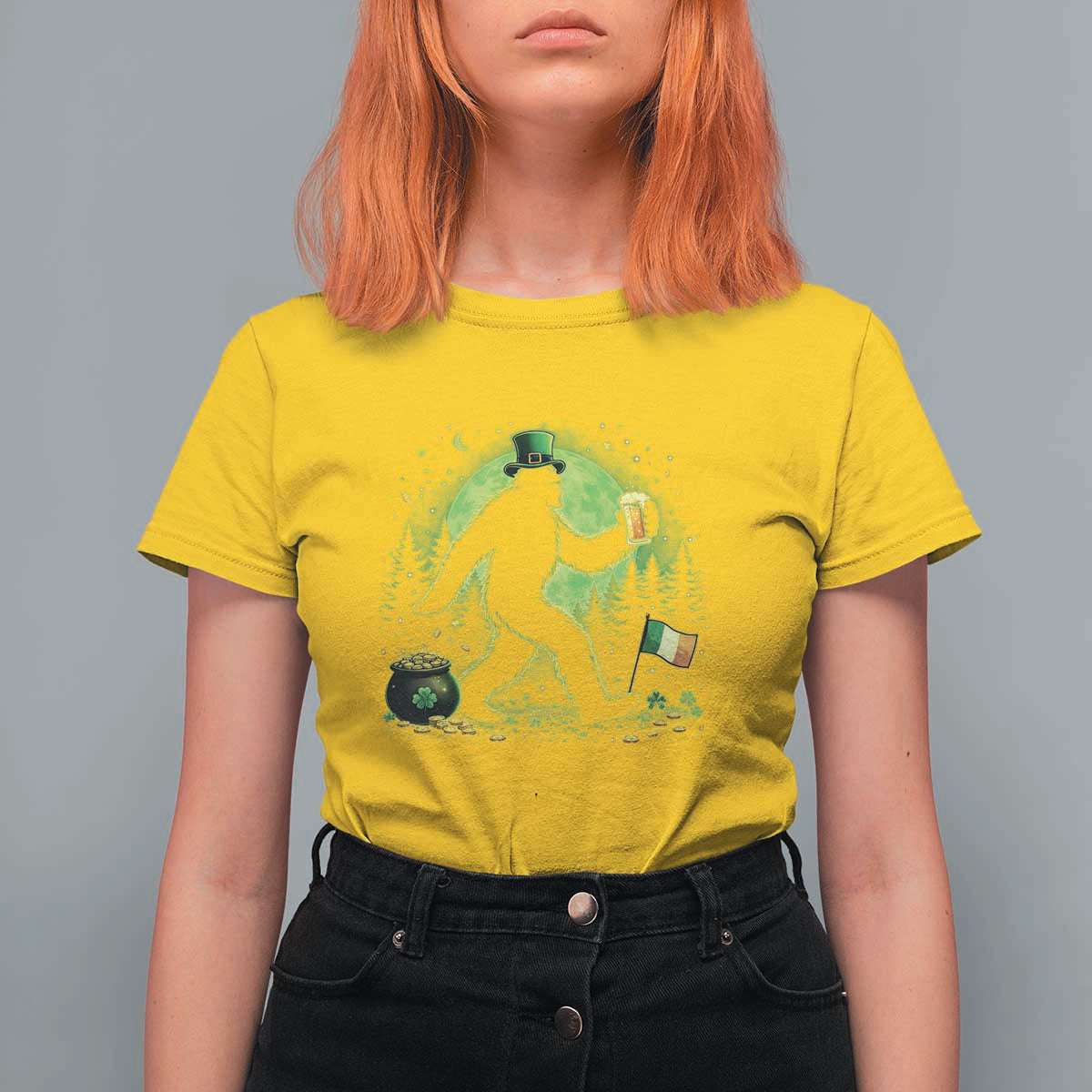 Funny Bigfoot St Patricks Day T Shirt For Women Sasquatch Drinking Green Beer Lover