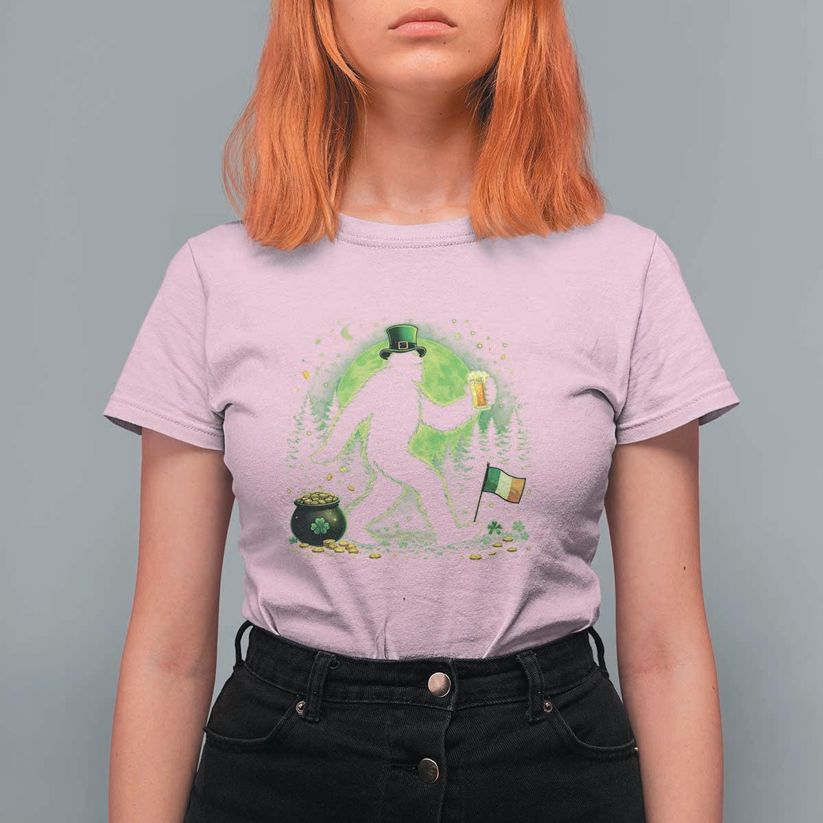 Funny Bigfoot St Patricks Day T Shirt For Women Sasquatch Drinking Green Beer Lover