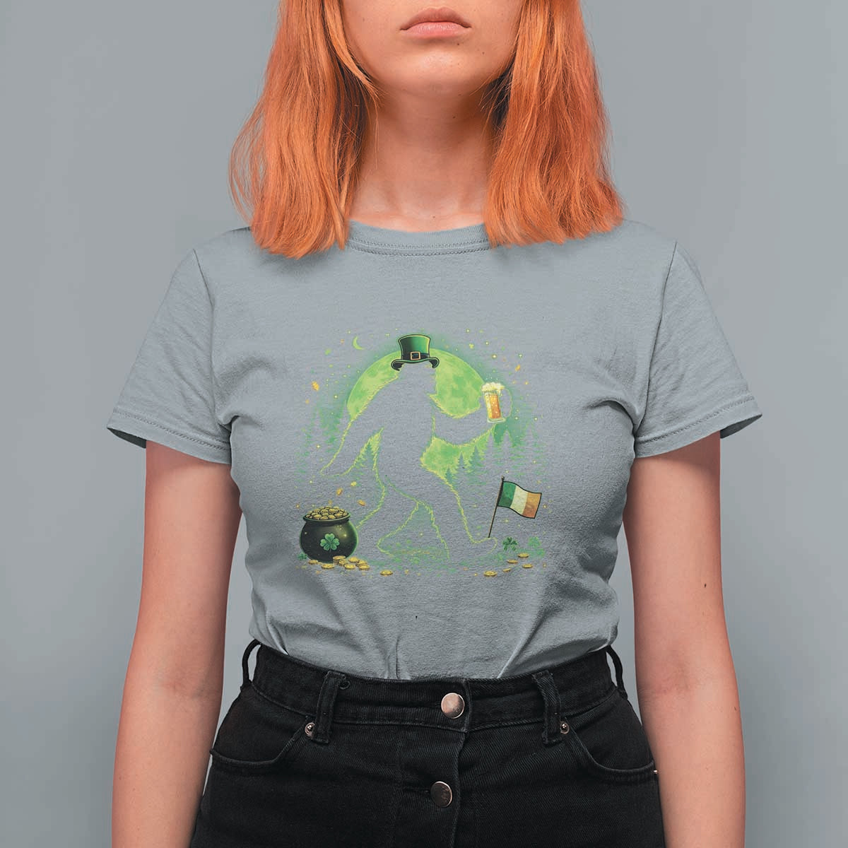 Funny Bigfoot St Patricks Day T Shirt For Women Sasquatch Drinking Green Beer Lover