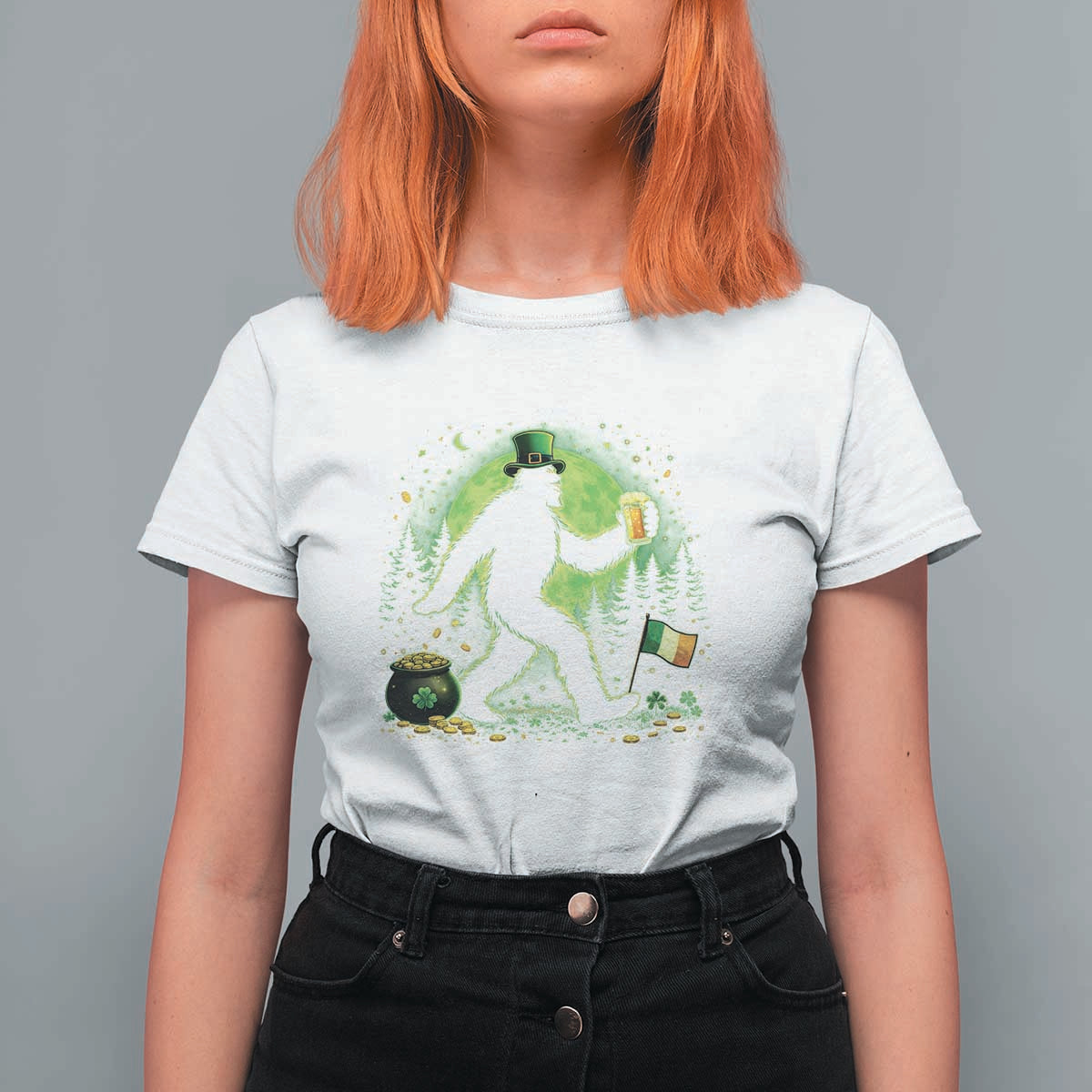 Funny Bigfoot St Patricks Day T Shirt For Women Sasquatch Drinking Green Beer Lover