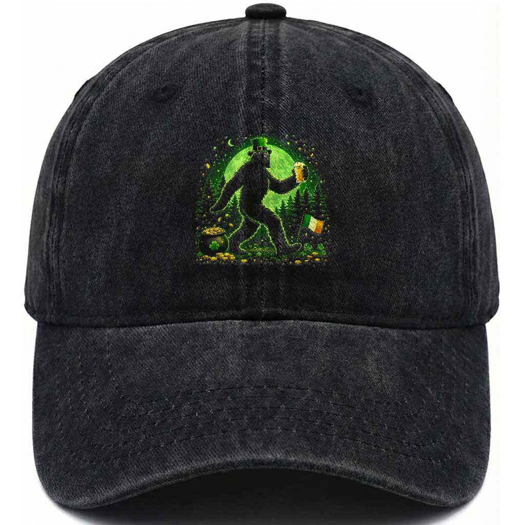 Funny Bigfoot St Patricks Day Washed Cotton Baseball Cap Sasquatch Drinking Green Beer Lover
