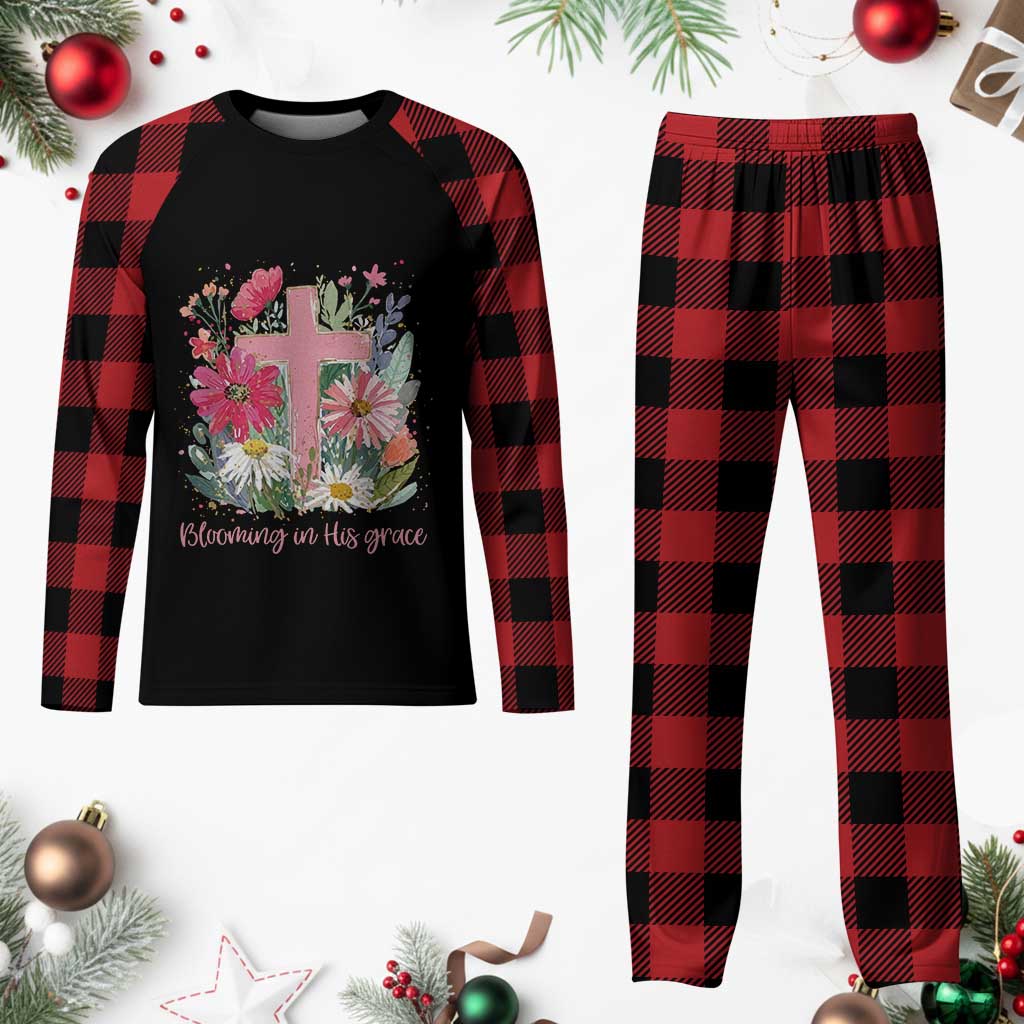 Blooming in His Grace Plaid Pajama Set Boho Wildflower Christian Faith Bible Verse