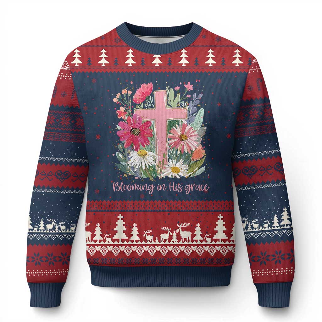 Blooming in His Grace Ugly Christmas Sweater Boho Wildflower Christian Faith Bible Verse