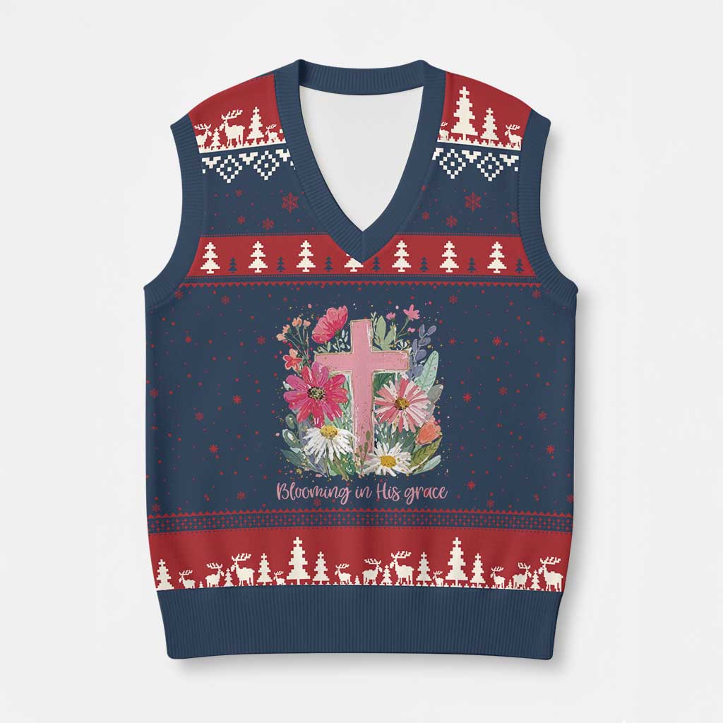 Blooming in His Grace V-Neck Knit Sweater Vest Boho Wildflower Christian Faith Bible Verse