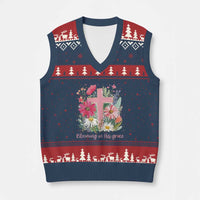 Blooming in His Grace V-Neck Knit Sweater Vest Boho Wildflower Christian Faith Bible Verse