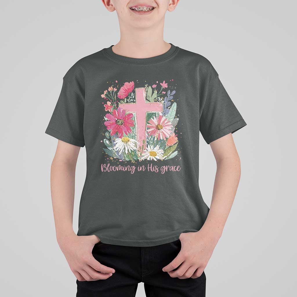 Blooming in His Grace T Shirt For Kid Boho Wildflower Christian Faith Bible Verse