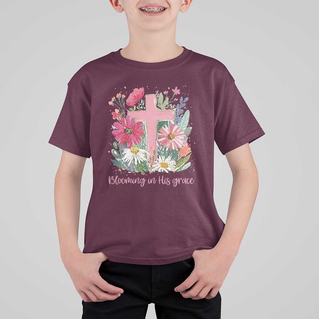 Blooming in His Grace T Shirt For Kid Boho Wildflower Christian Faith Bible Verse
