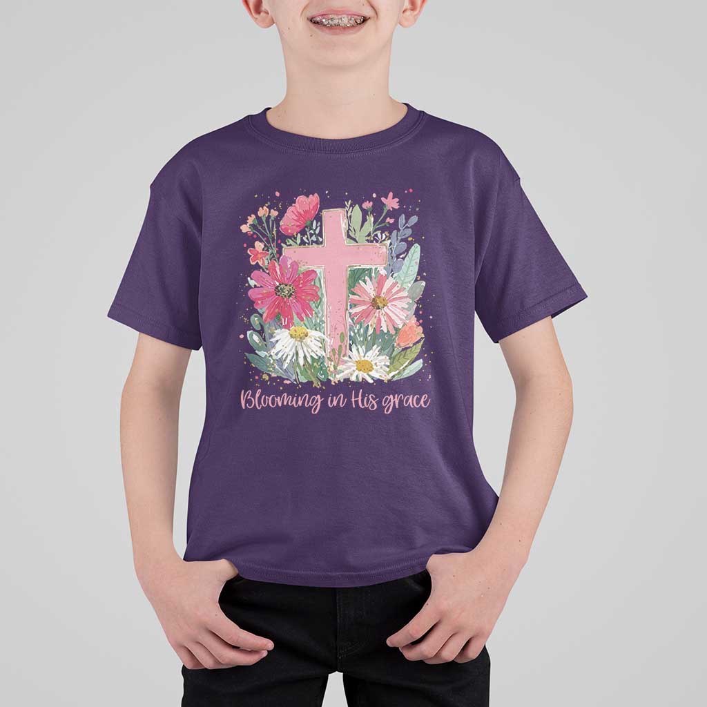 Blooming in His Grace T Shirt For Kid Boho Wildflower Christian Faith Bible Verse