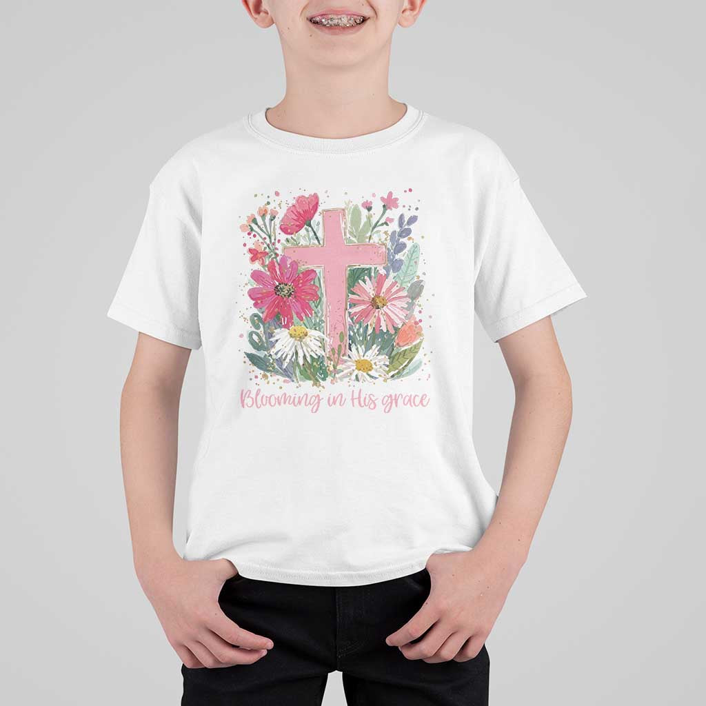 Blooming in His Grace T Shirt For Kid Boho Wildflower Christian Faith Bible Verse