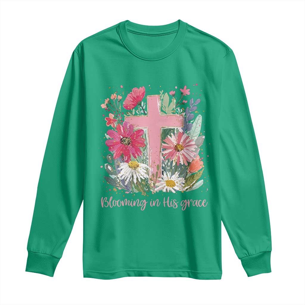 Blooming in His Grace Long Sleeve Shirt Boho Wildflower Christian Faith Bible Verse