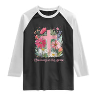 Blooming in His Grace Raglan Shirt Boho Wildflower Christian Faith Bible Verse