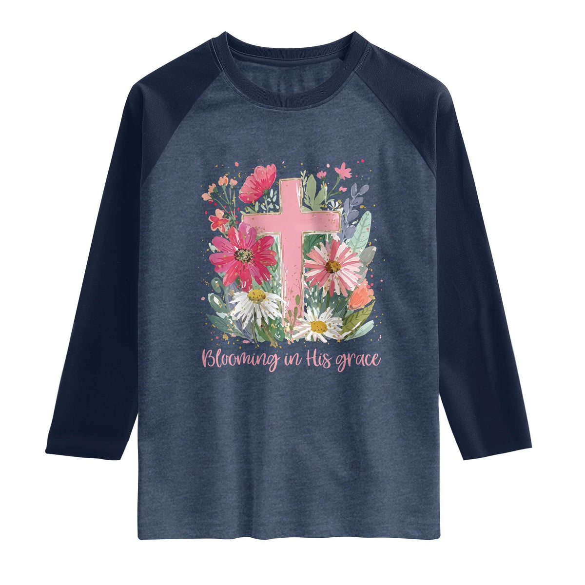 Blooming in His Grace Raglan Shirt Boho Wildflower Christian Faith Bible Verse
