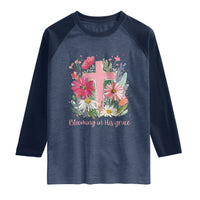 Blooming in His Grace Raglan Shirt Boho Wildflower Christian Faith Bible Verse