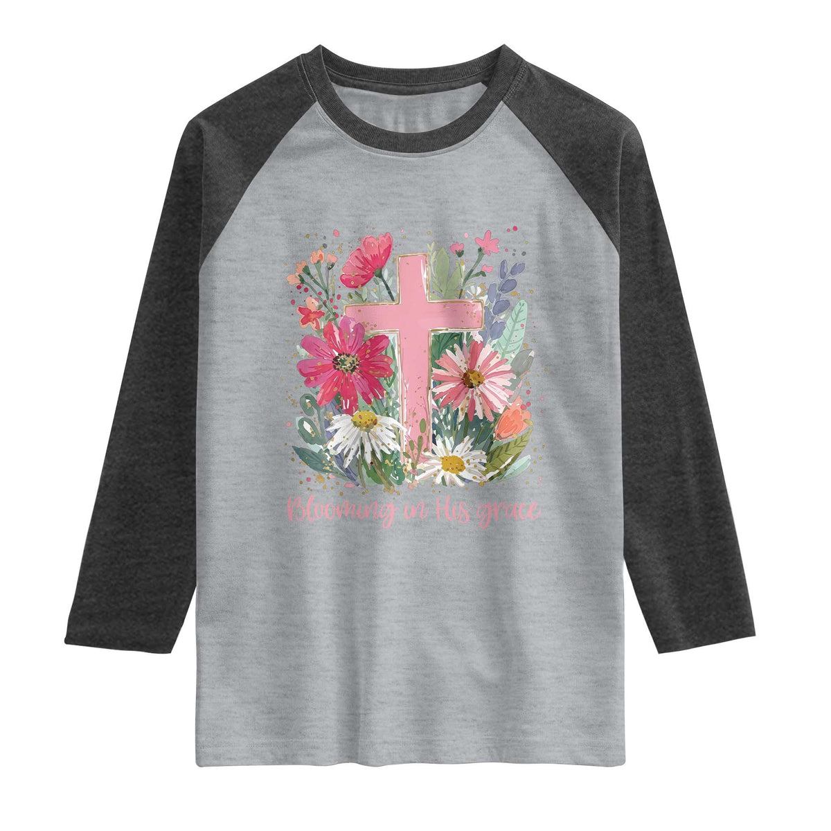 Blooming in His Grace Raglan Shirt Boho Wildflower Christian Faith Bible Verse